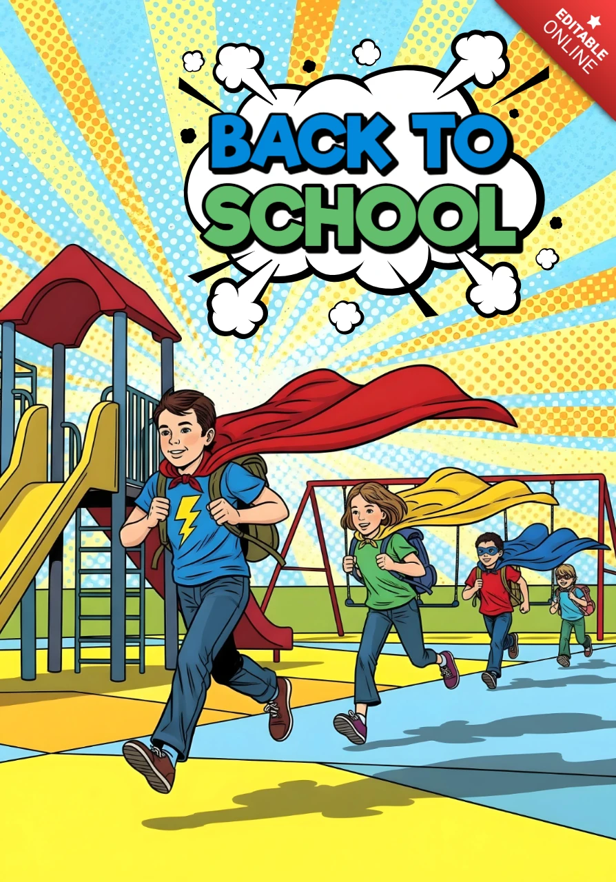 Crianças voltando às aulas correndo no playground com capa de super-herói e design de cartaz de explosão de quadrinhos.