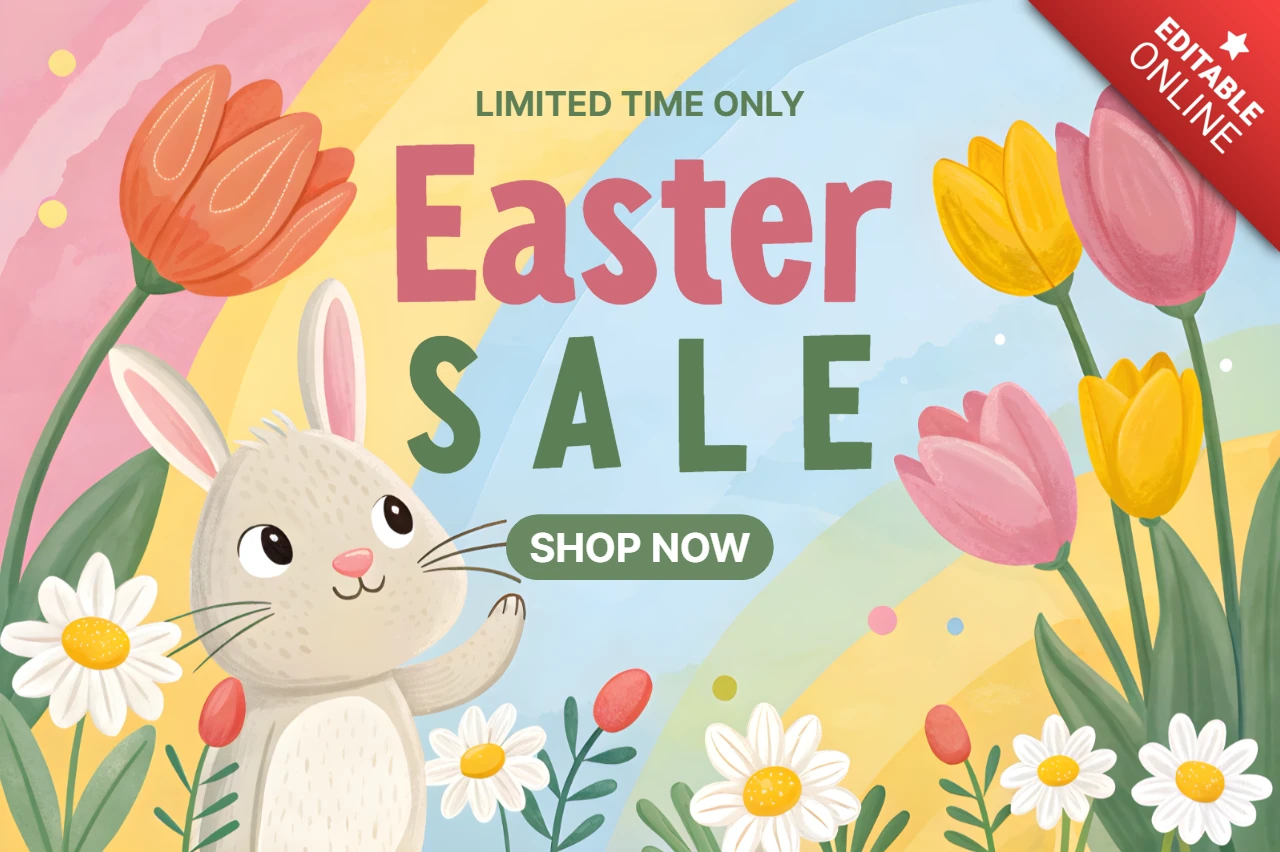 Whimsical Easter Sale Design Template with Cute Bunny and Floral Elements