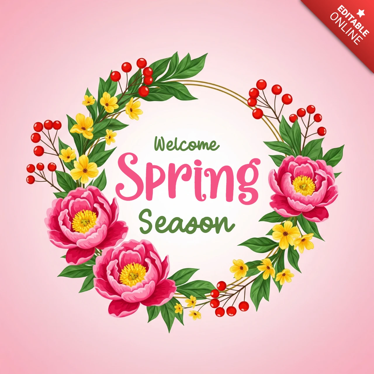 Willkommen Frühlingsplakat – Blumenkranz mit Pfingstrosen, Tulpen und fröhlichem Gruß