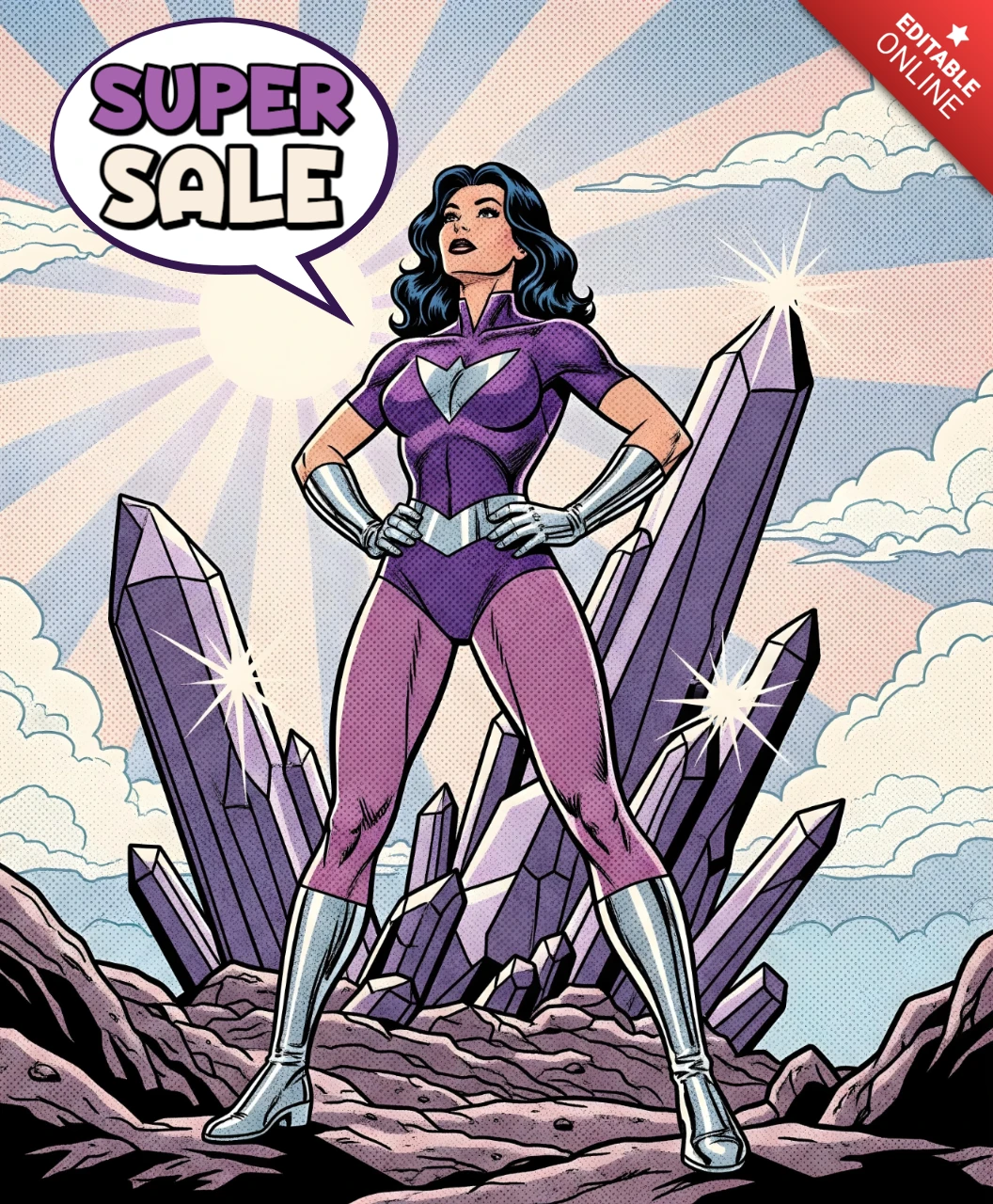 Arte de cómic de heroína mujer de cristal con estilo de super venta, con fragmentos morados y diseño de cielo radiante para plantillas de volantes promocionales.
