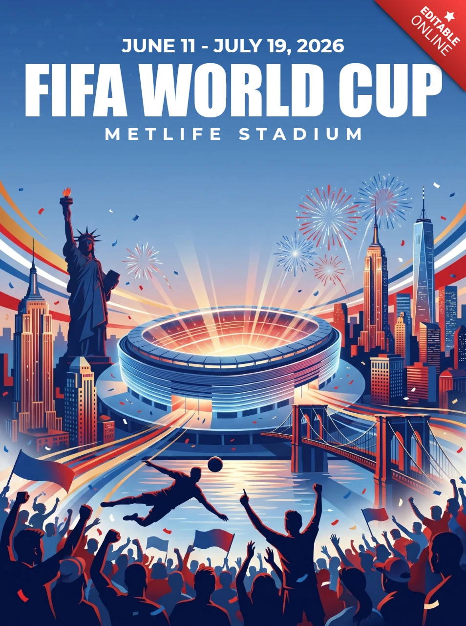 Fifa wereldbeker voetbal 2026 New York vieringsposter met MetLife stadion, Vrijheidsbeeld, Empire State Building, voetbalfans en vuurwerk