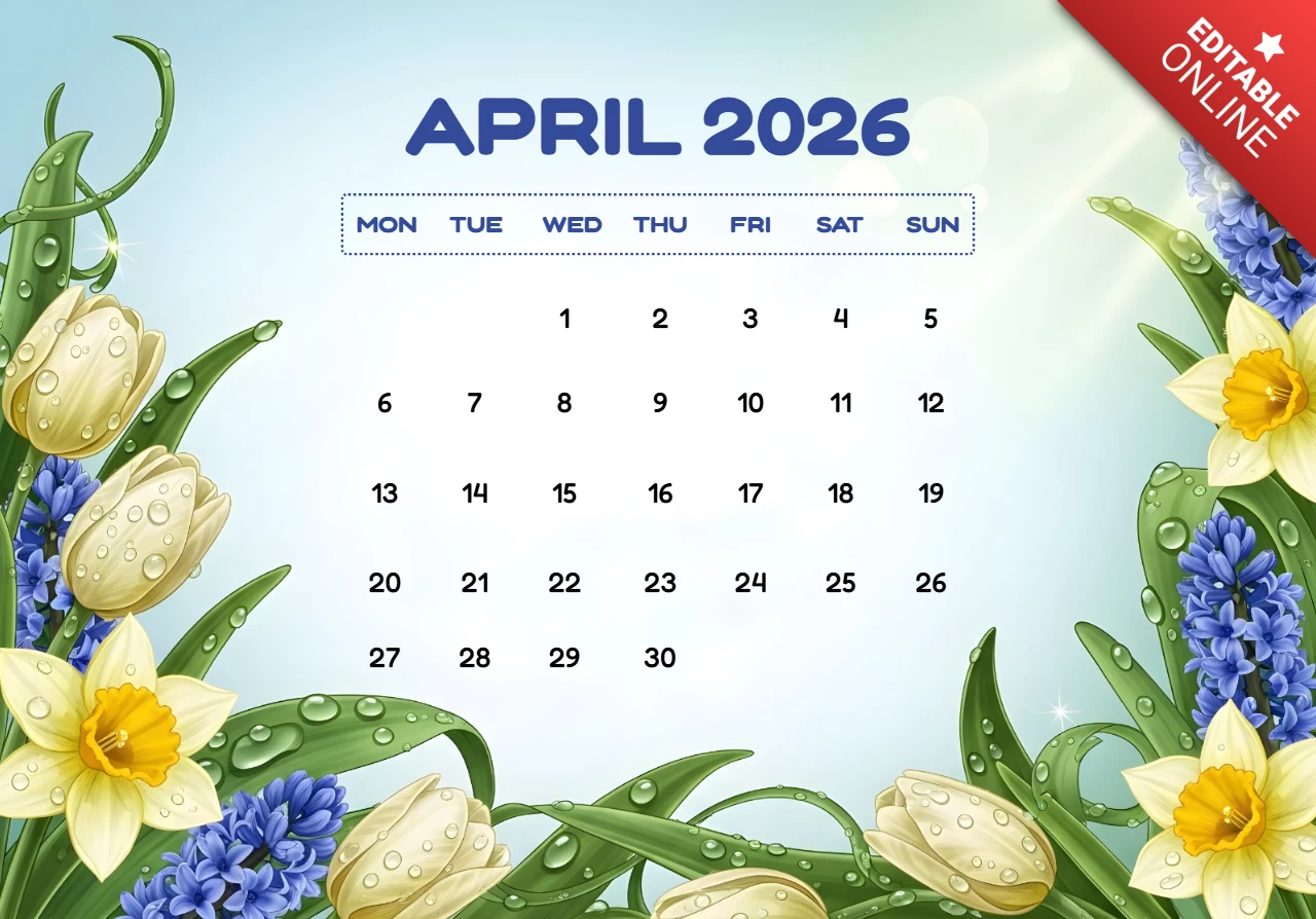 April 2026 Calendar Poster — Yellow Tulips, White Daffodils, Blue Hyacinths, and Decorative Floral Border Theme