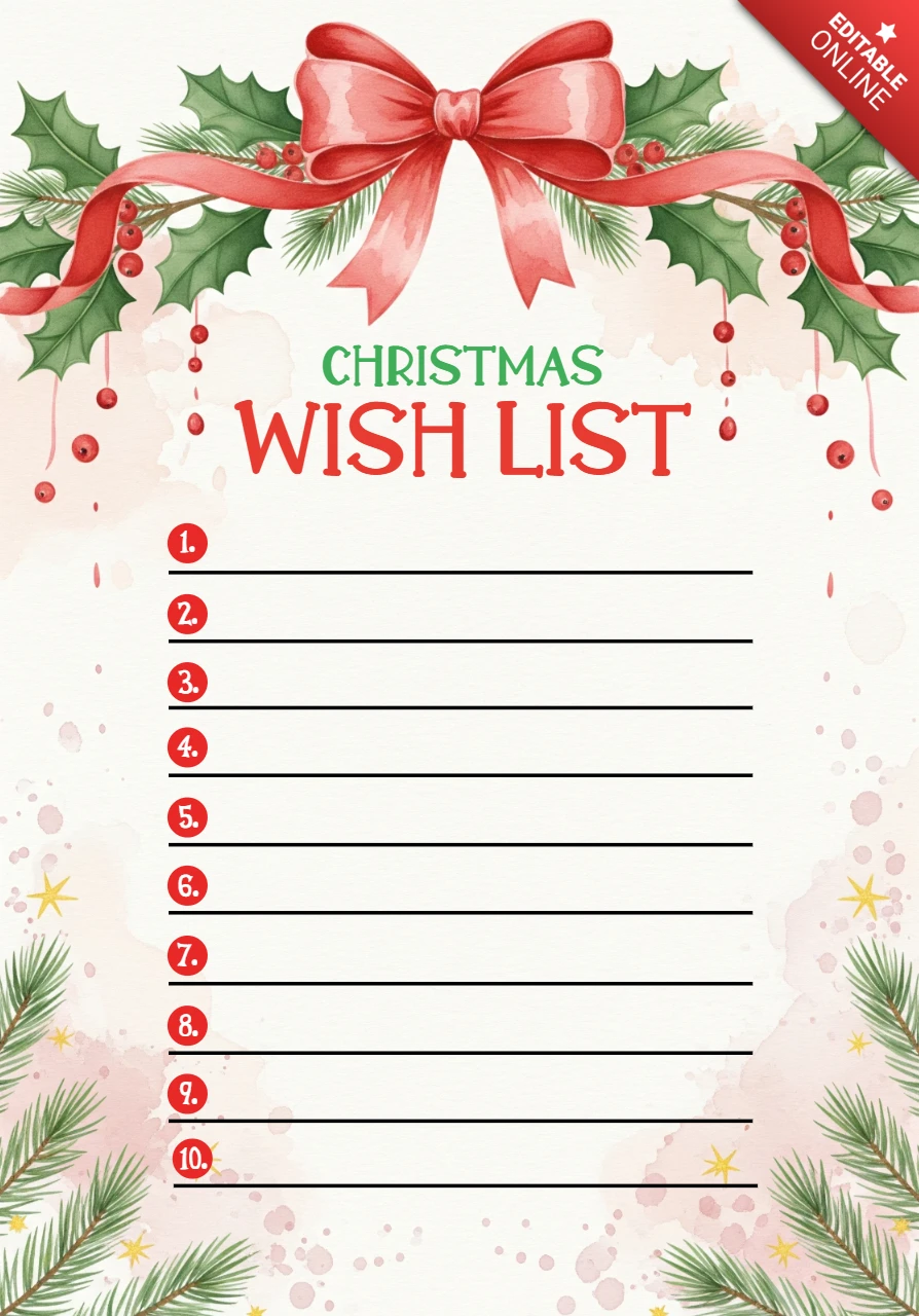 Weihnachtswunschliste Vorlage festliches Design mit rotem Band, Stechpalme und Aquarell-Hintergrund