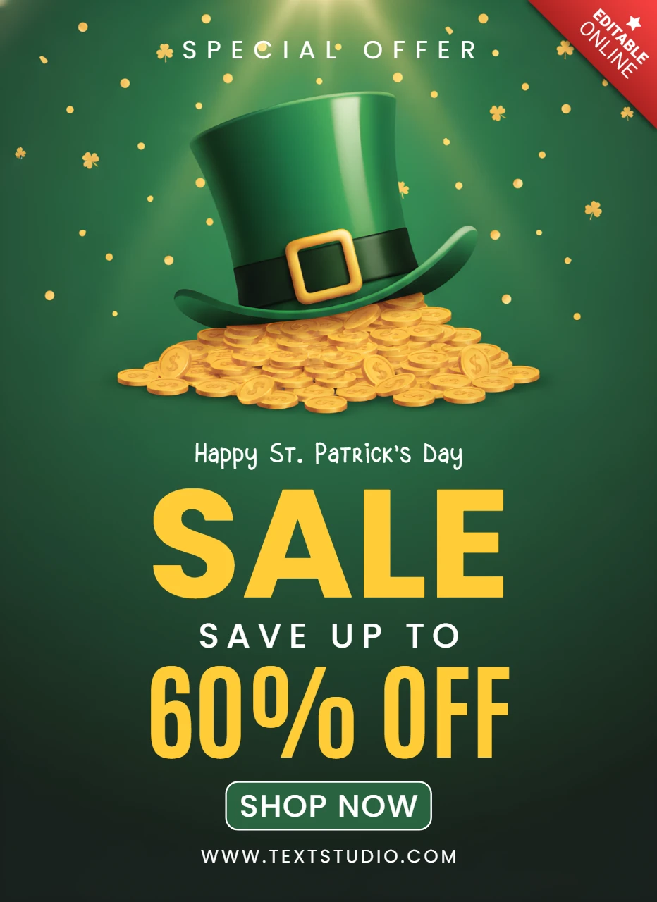St. Patrick Günü indirim afişi tasarımı, cin şapkası, yoncalar ve altın paralar ile