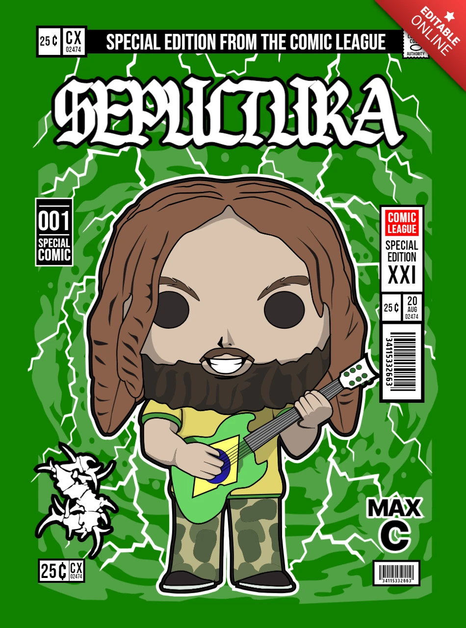 Plantilla de diseño de portada de revista de personaje de dibujos animados de max cavalera sepultura