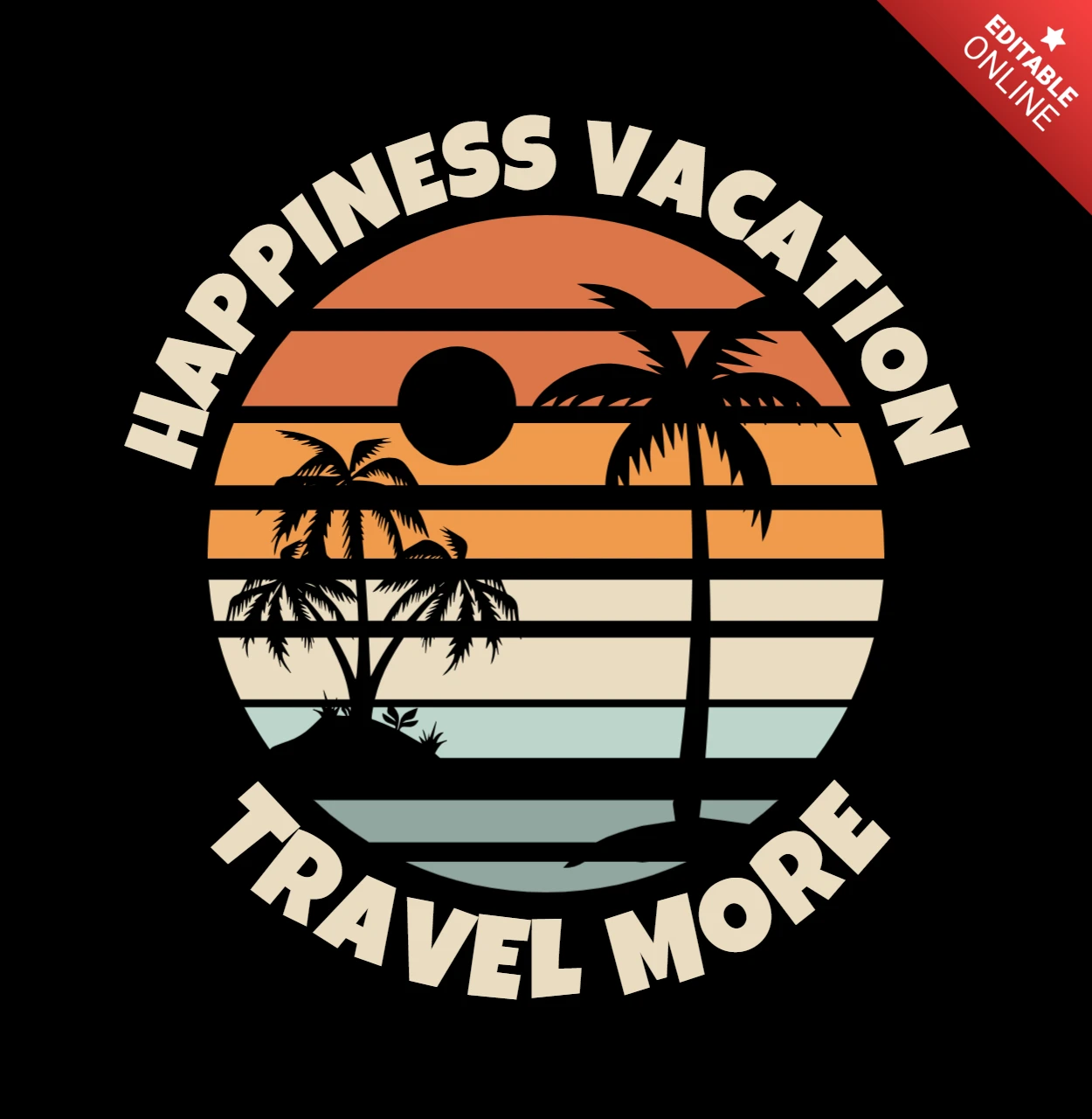 Happiness Vacation With Sunset Beach T-shirt Design Template