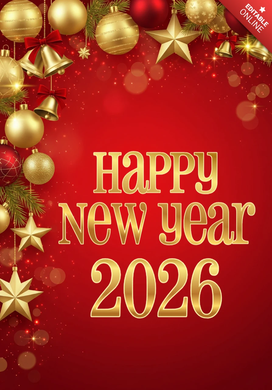 Frohes neues Jahr 2026 Grußkarte roter Hintergrund mit goldenen Ornamenten, Sternen, Glocken und Tannenzweigen