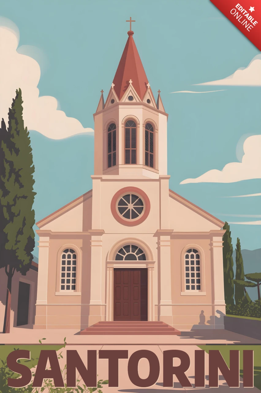 Rote Kirchturm mit Zypressen und Bergkulisse Santorini Reiseposter Designvorlage