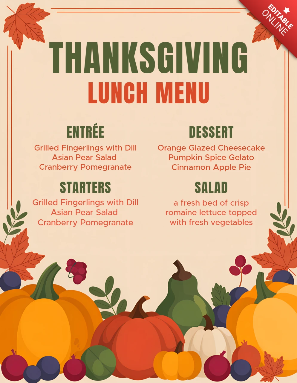 Modelo de design de menu de Ação de Graças com abóboras e elementos de outono para eventos sazonais