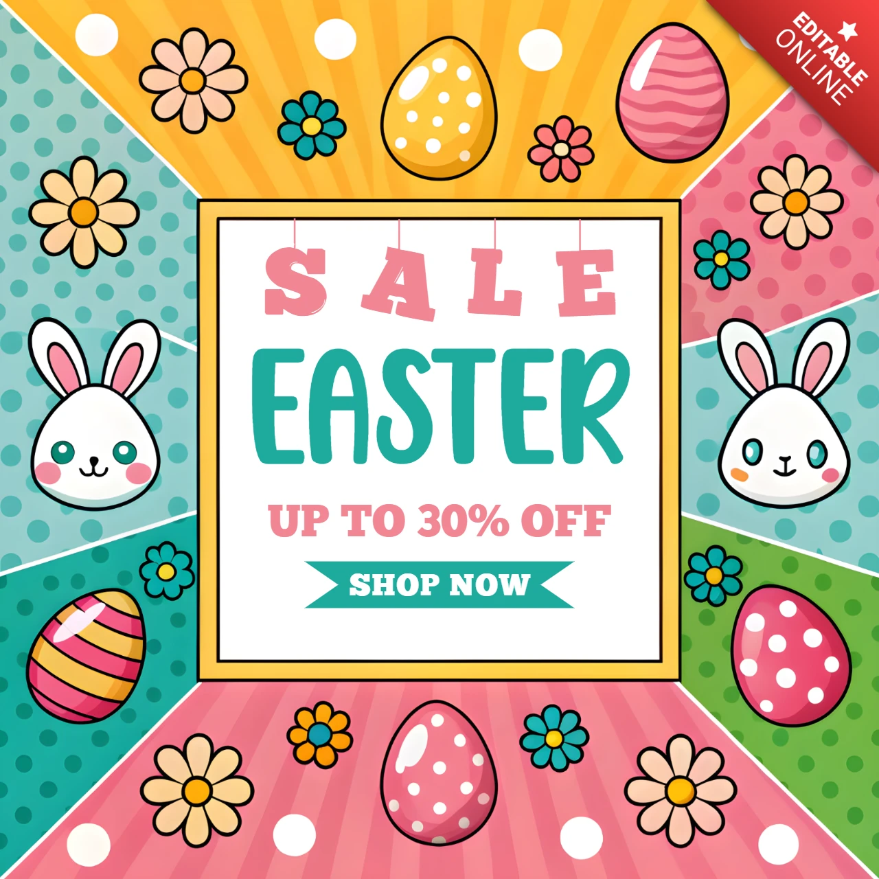 Colorido diseño de plantilla de venta de Pascua con lindos conejitos y huevos