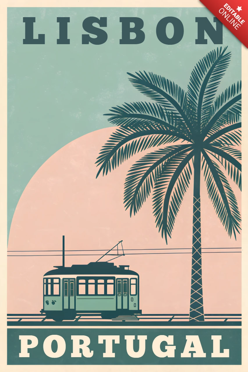 Vintage Lisbon Tram Design Template for Travel Poster