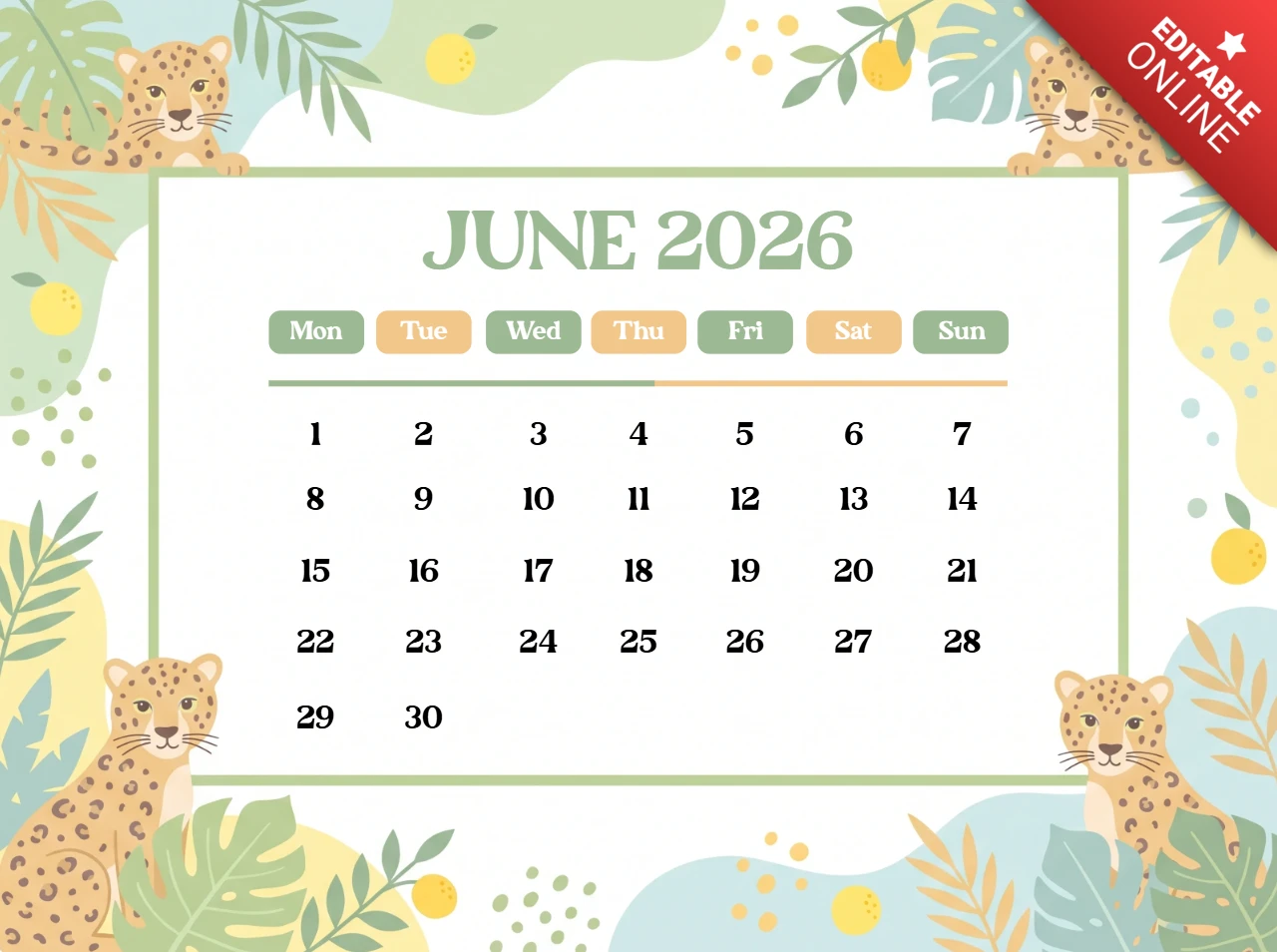 Colorful June 2026 Calendar Featuring Leopards, Tropical Jungle Design, and Playful Pastel Patterns