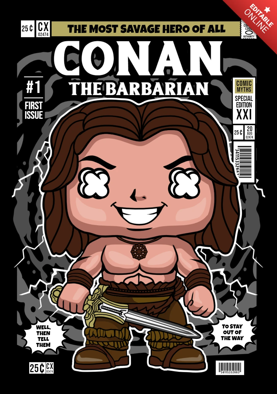 Conan The Barbarian Cartoon Character Magazine Cover Design Template