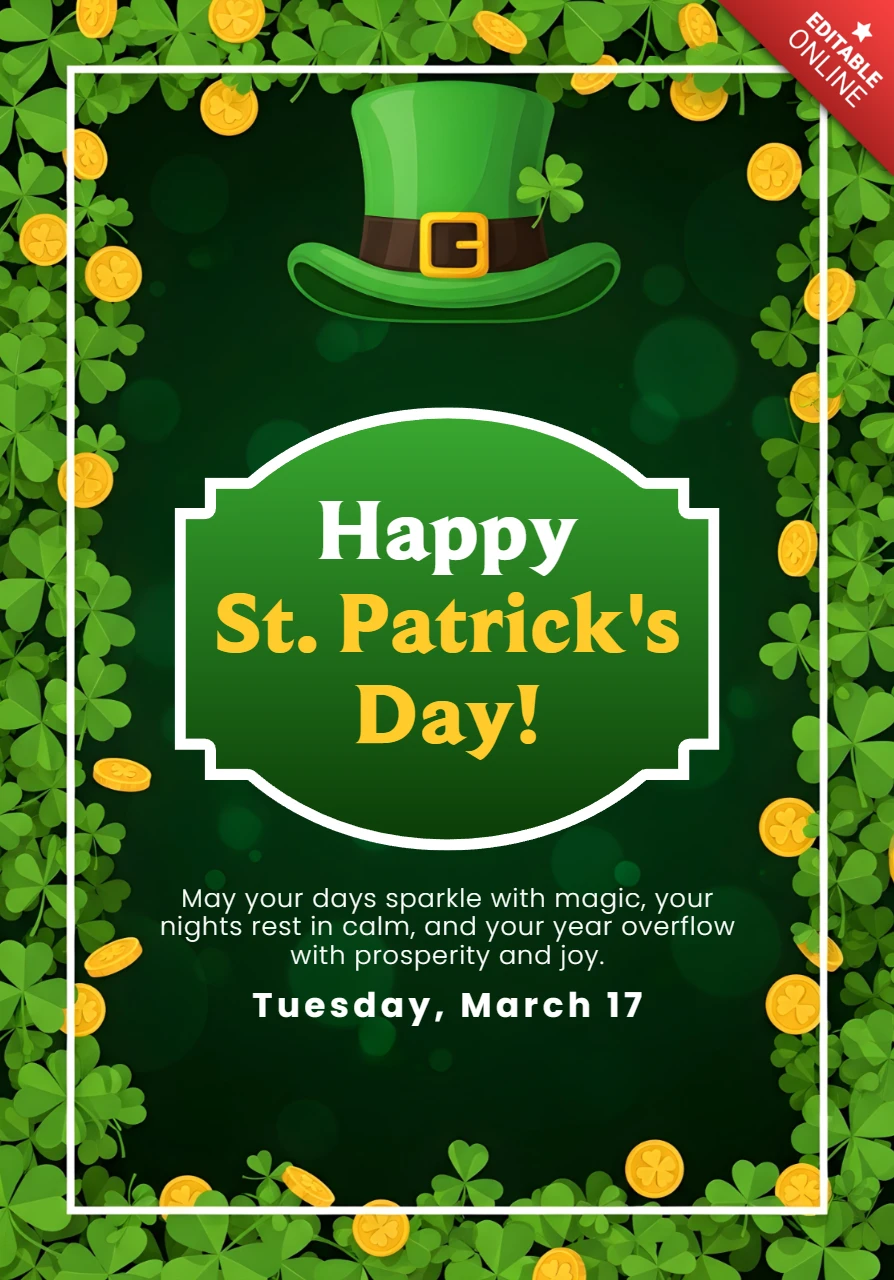 St. Patrick's Day Grußkarten-Designvorlage mit Kleeblättern und grünem Hut