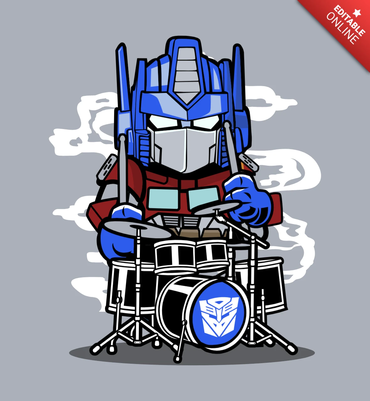 Plantilla de diseño de camiseta de cultura pop con caricatura cómica del baterista Optimus