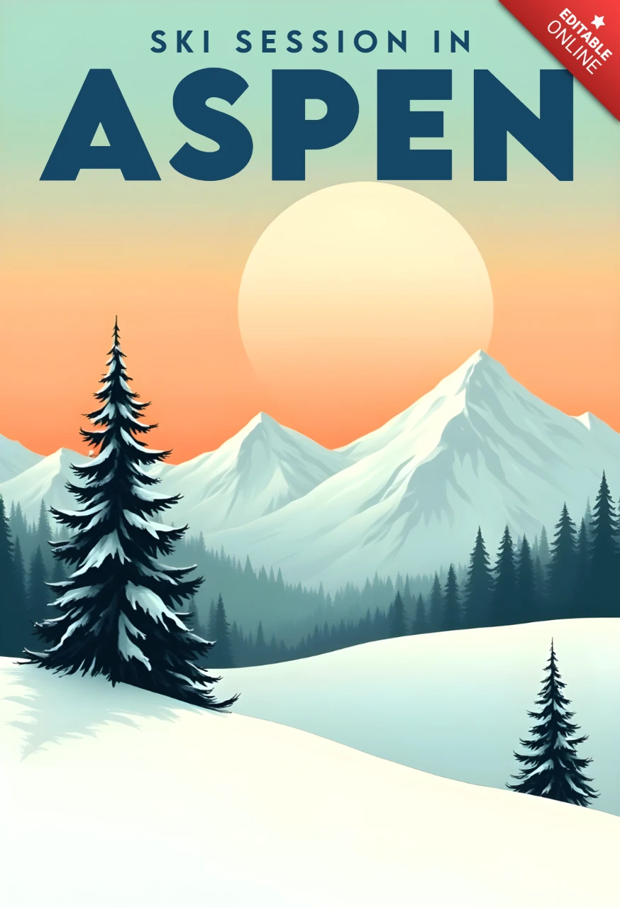 Plantilla de diseño de paisaje montañoso para cartel de sesión de esquí