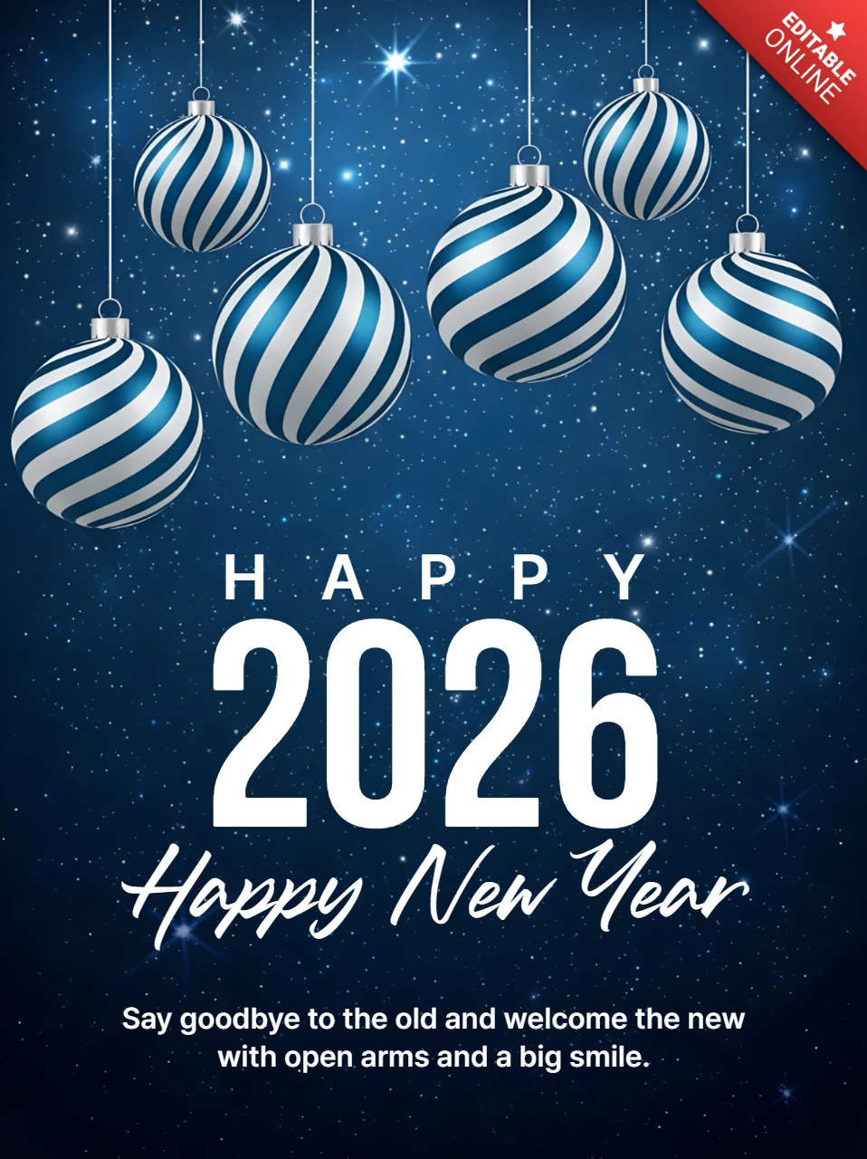 Plantilla de diseño para la celebración del nuevo año con adornos a rayas azules para tarjetas de felicitación.