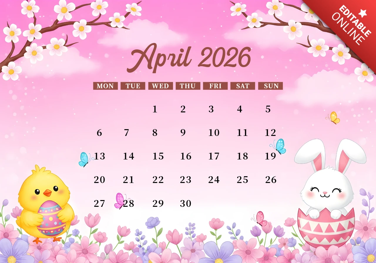 Hase im Ei, Küken mit dekoriertem Ei, Blumen, Schmetterlinge und dekoratives Randthema April 2026 Kalenderplakat