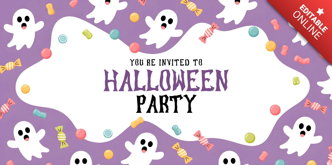 Zaproszenie na wydarzenie Halloween! duchy, cukierki i odważny szablon nagłówka na Facebooka dla ogłoszenia imprezy