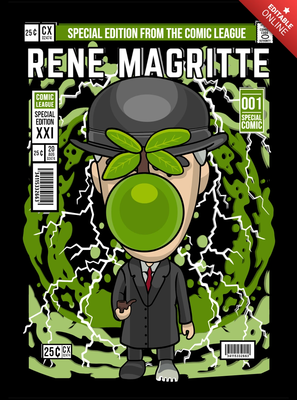 Rene Magritte Cartoon Character Magazine Cover Design Template