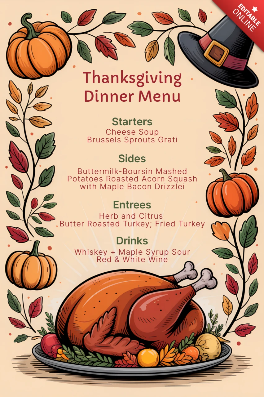Thanksgiving Dinner Menu Design Template with Festive Turkey and Autumn Leaves for Restaurant or Event Use