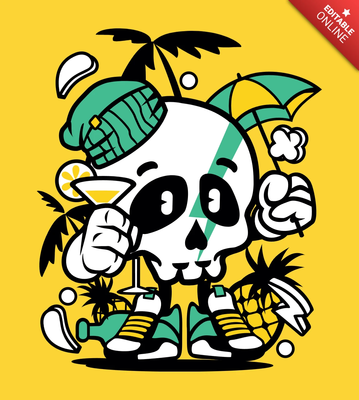 Sommerferien schädel cartoon charakter t-shirt design vorlage