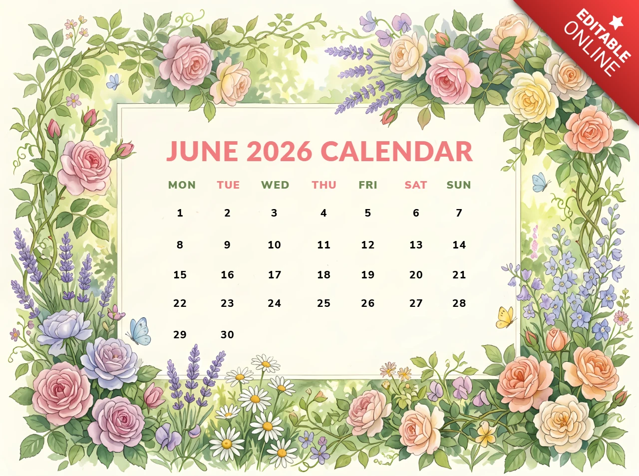 Modèle de calendrier mensuel de juin 2026 avec des éléments de scrapbook mignons, des icônes d'appareil photo et une illustration de chat.