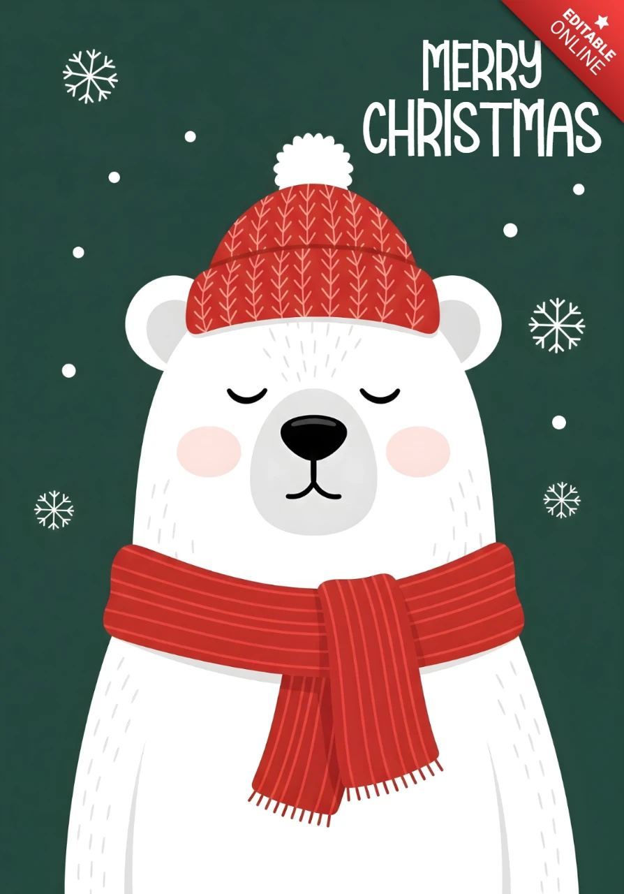 Tarjeta de temporada navideña con un oso en suéter rojo rodeado de copos de nieve y un saludo de feliz navidad.