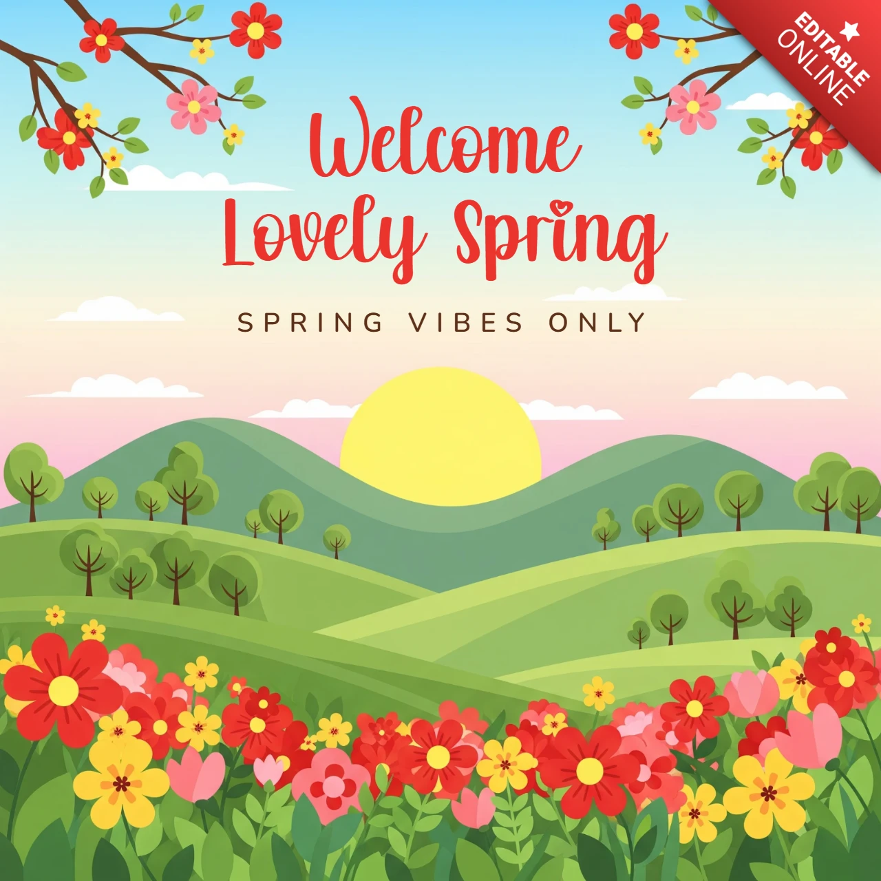Spring Festival Greeting Poster – Vibrant Seasonal Flowers Framing Optimistic Spring Message