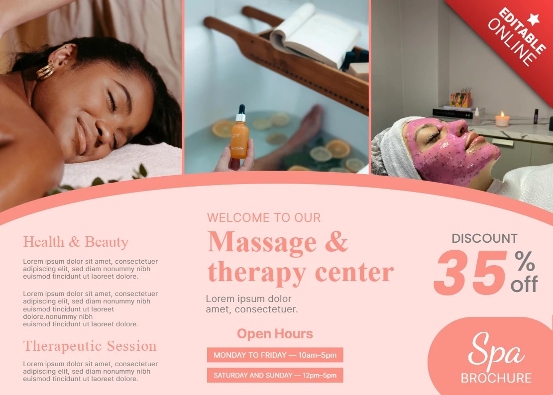 Template per brochure di spa con design di massaggio rilassante per servizi di salute e bellezza