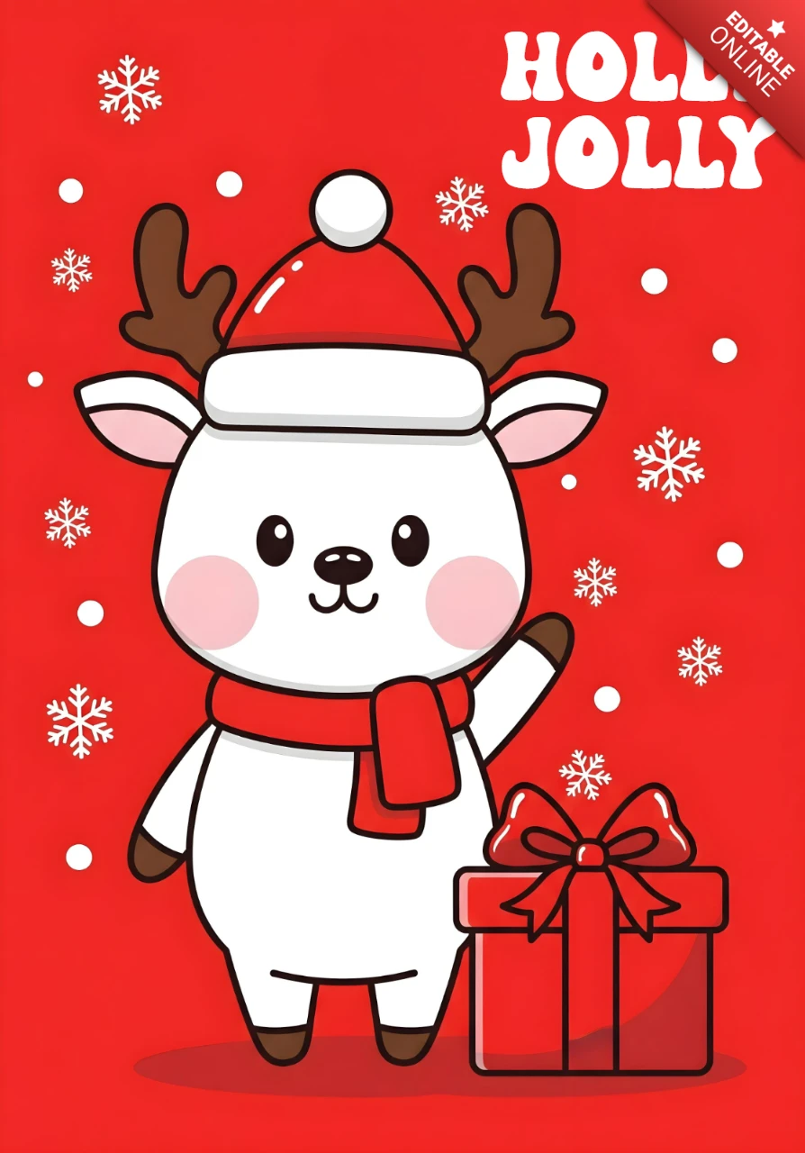 Christmas Greeting Card Cute Reindeer in Santa Hat with Gift Box and Holly Jolly Message on Red Background