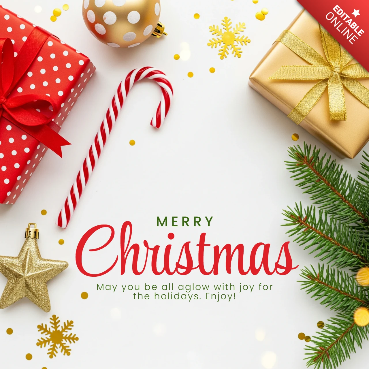 Tatil sezonu kartı beyaz arka plan, neşeli Noel dileklerini çerçeveleyen şenlikli çelenk ve hediyeler ile tasarım şablonu.