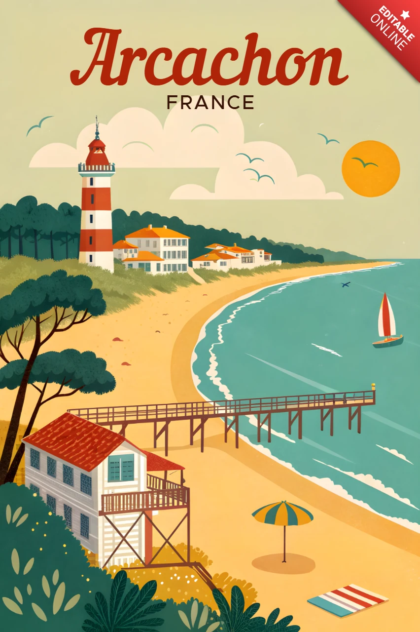 Vintage Arcachon Frankreich Strand-Szenen-Designvorlage für Reiseposter