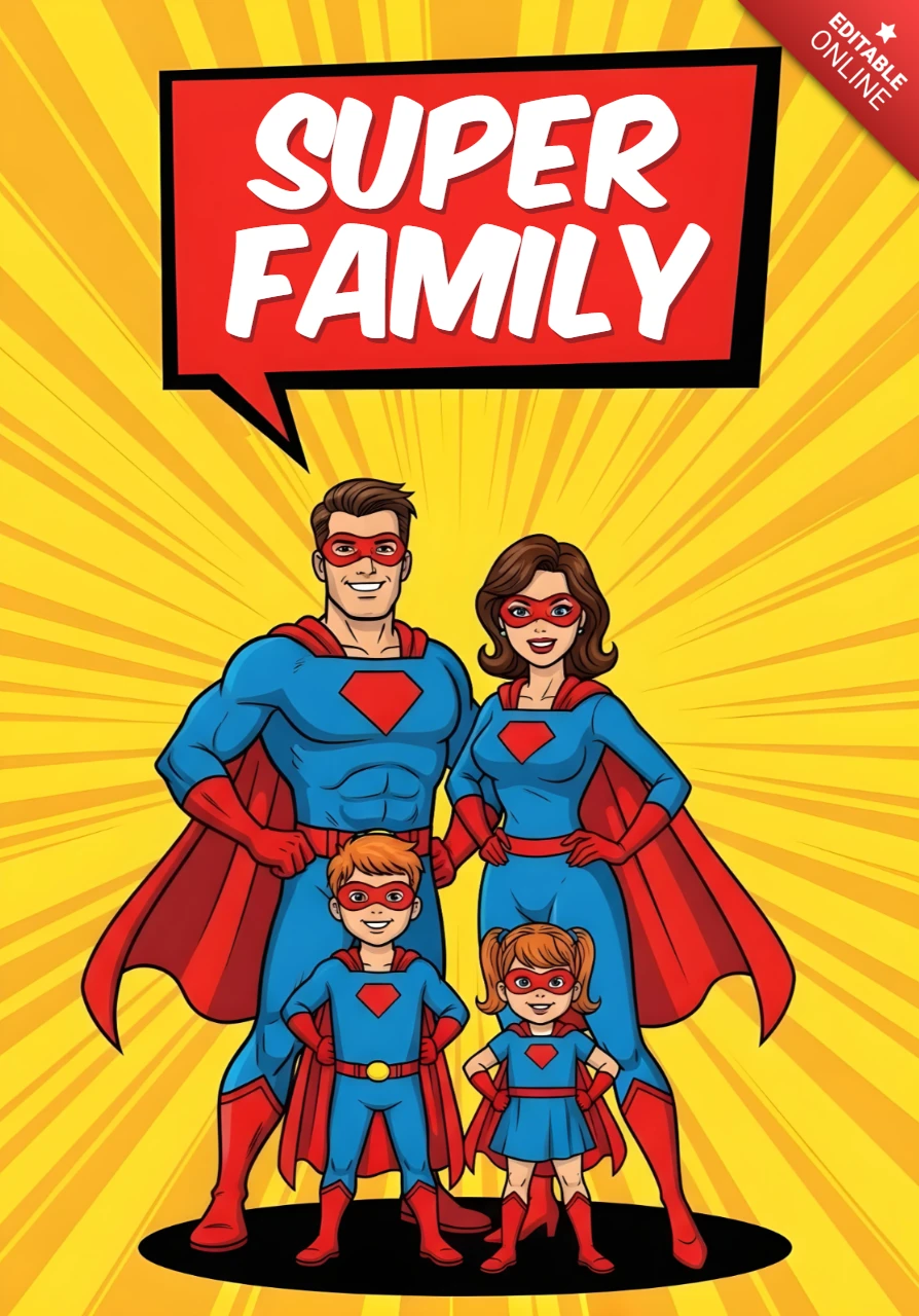 Arte de parede de super-herói da família, trajes azuis, capas vermelhas e design de pôster com citação 'super família' em estilo de quadrinhos.