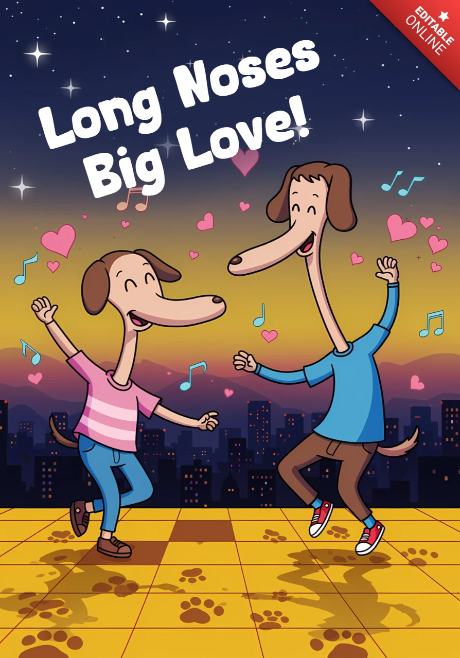 Lange neuzen grote liefde! bewerkbaar cartoonontwerpsjabloon