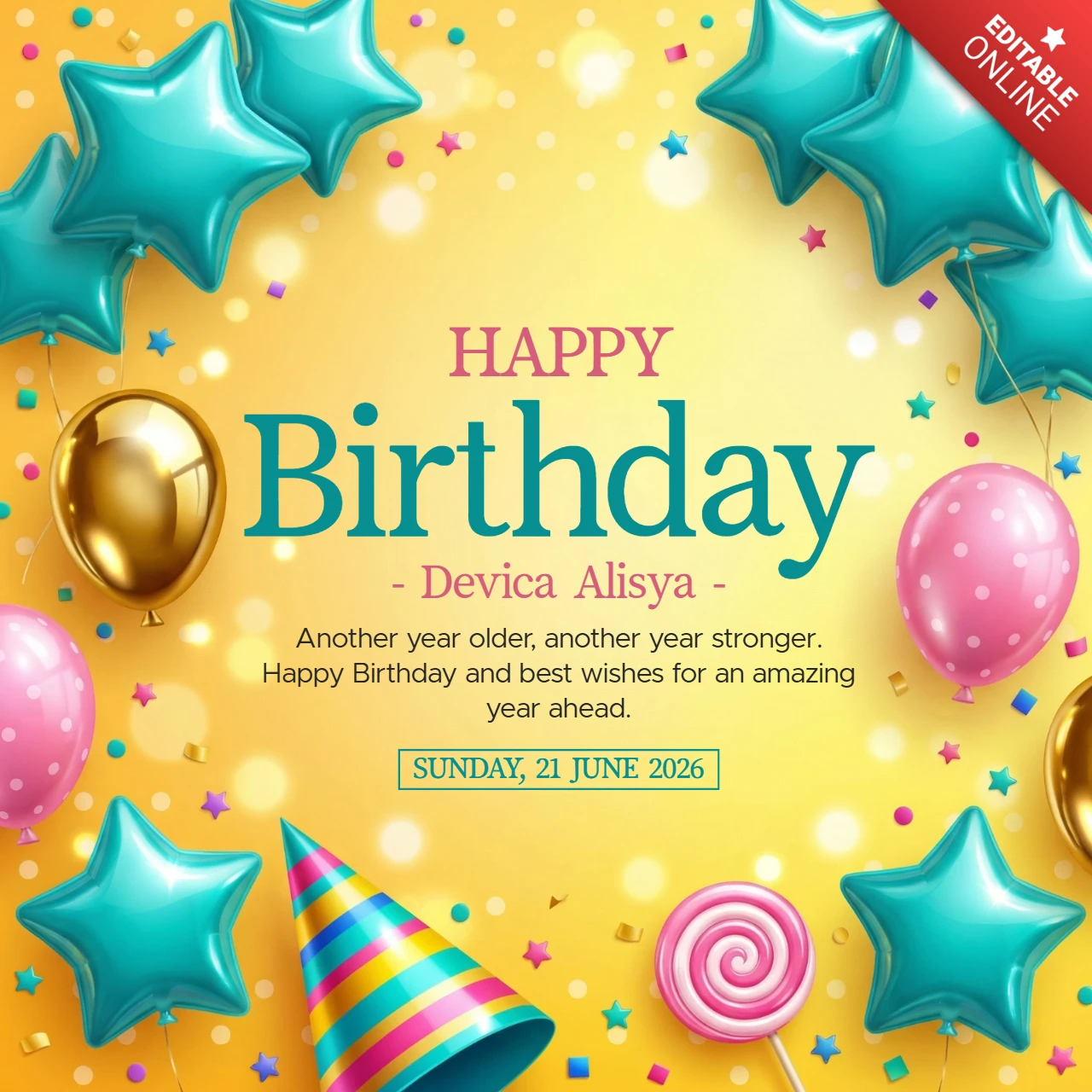 Happy Birthday Poster Golden-Yellow Background with Balloons, Confetti, Party Hats, and Festive Party Theme