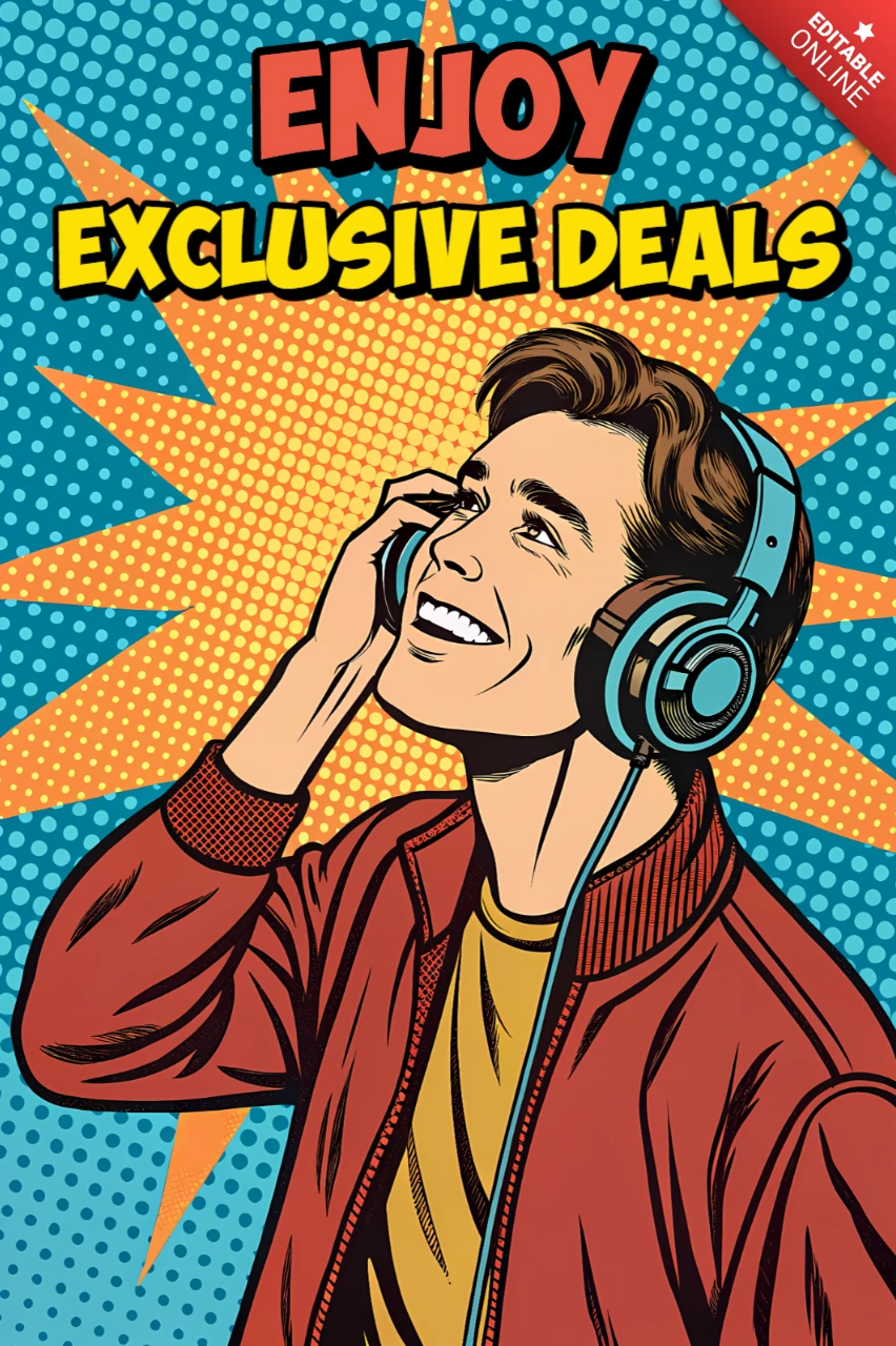 Pop-Art-Designvorlage für Musikpromotion mit glücklichem Zuhörer und exklusiven Angeboten