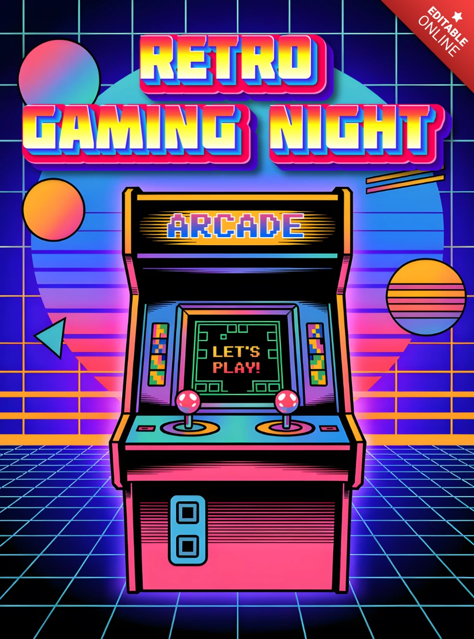Plantilla de noche de juegos retro con diseño de arcade para cartel del evento
