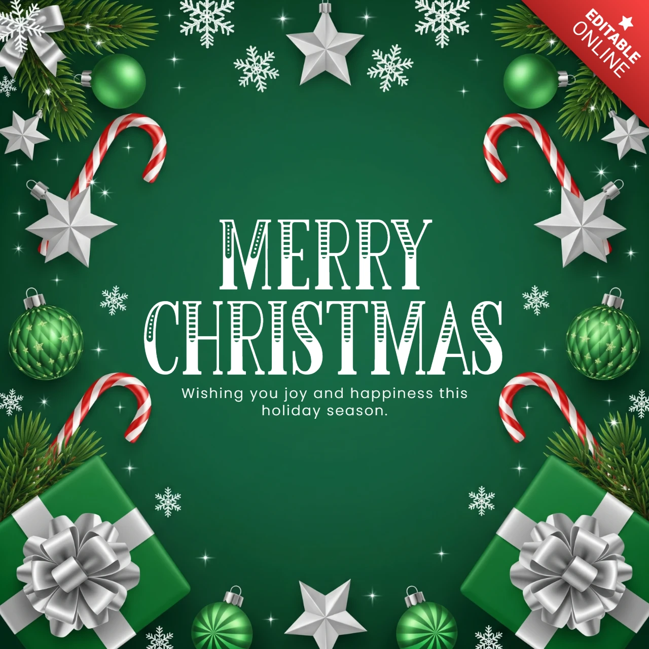 Green Background with Garland and Snowflakes Framing Joyful Christmas Greeting Design Template