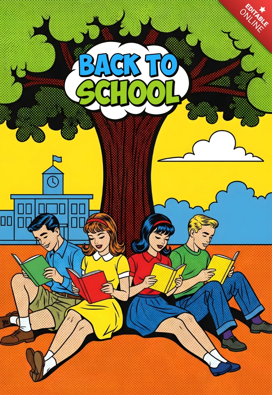 Regreso a clases estudiantes leyendo bajo un árbol con edificio escolar y torre del reloj de fondo plantilla de diseño de cartel