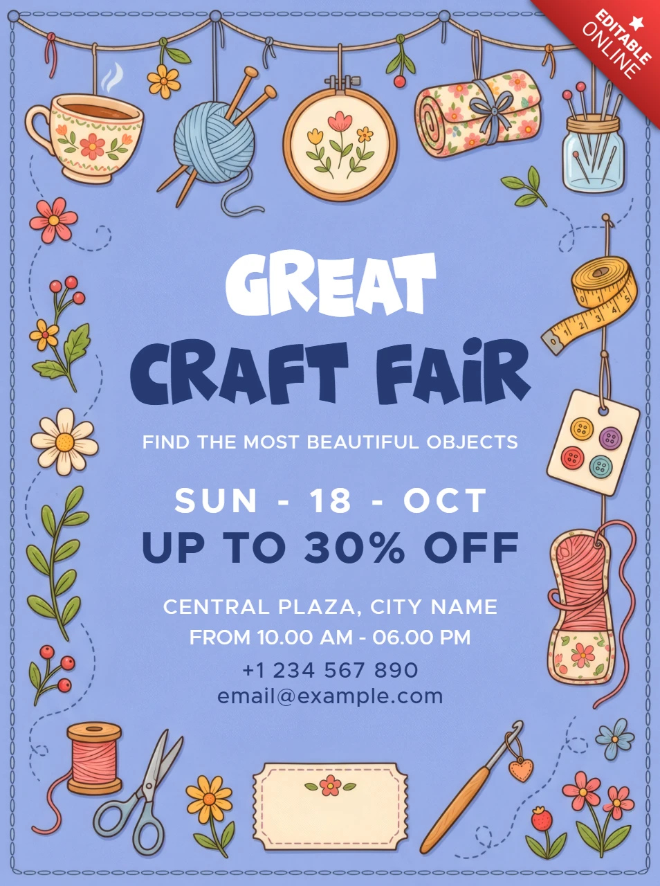 Cute Craft Fair Event Flyer Template with Knitting Sewing Tools and Handmade Hobby Decorations