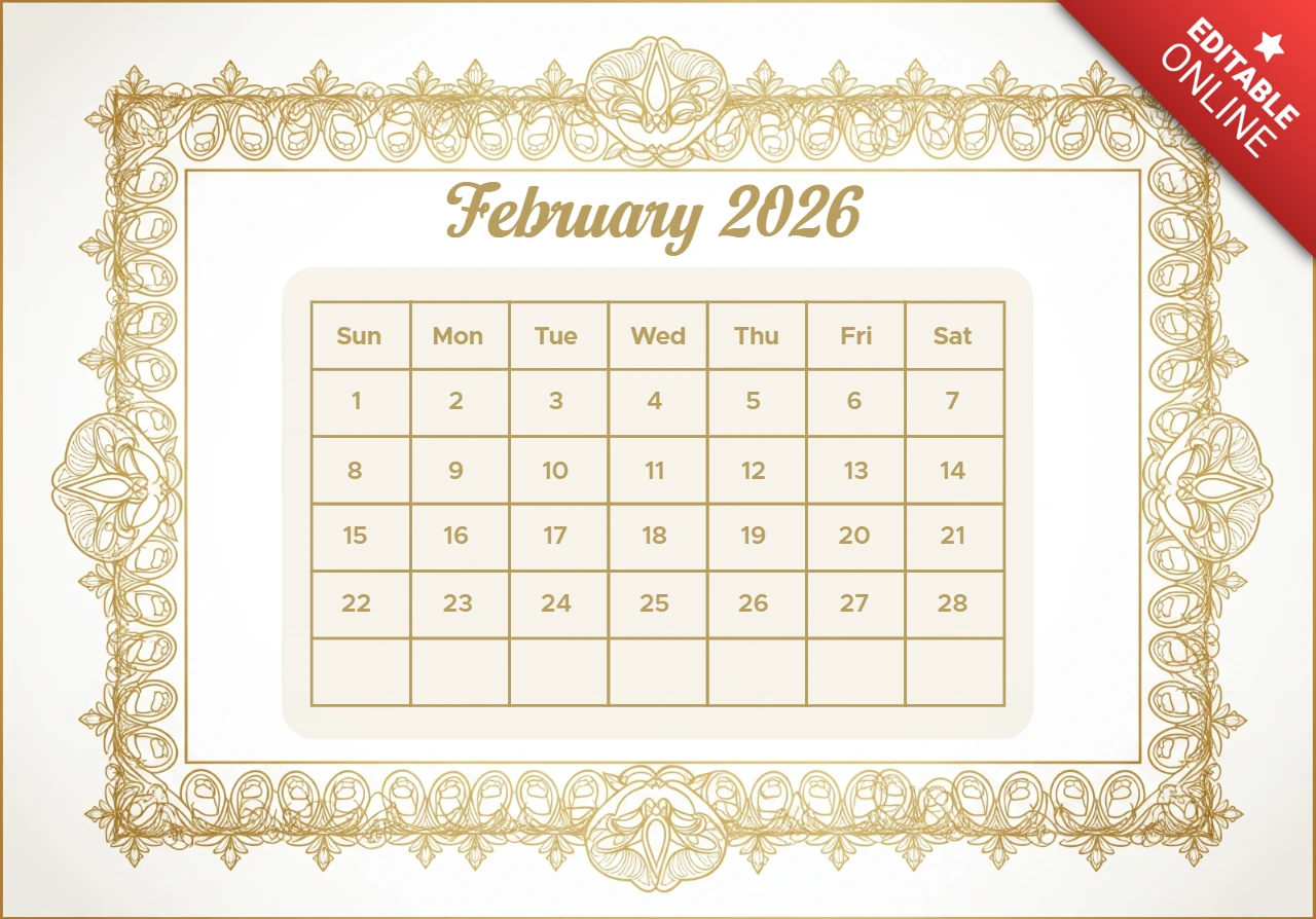 Handcrafted February 2026 Calendar Ornate Gold Theme with Elegant Script and Seasonal Sophistication