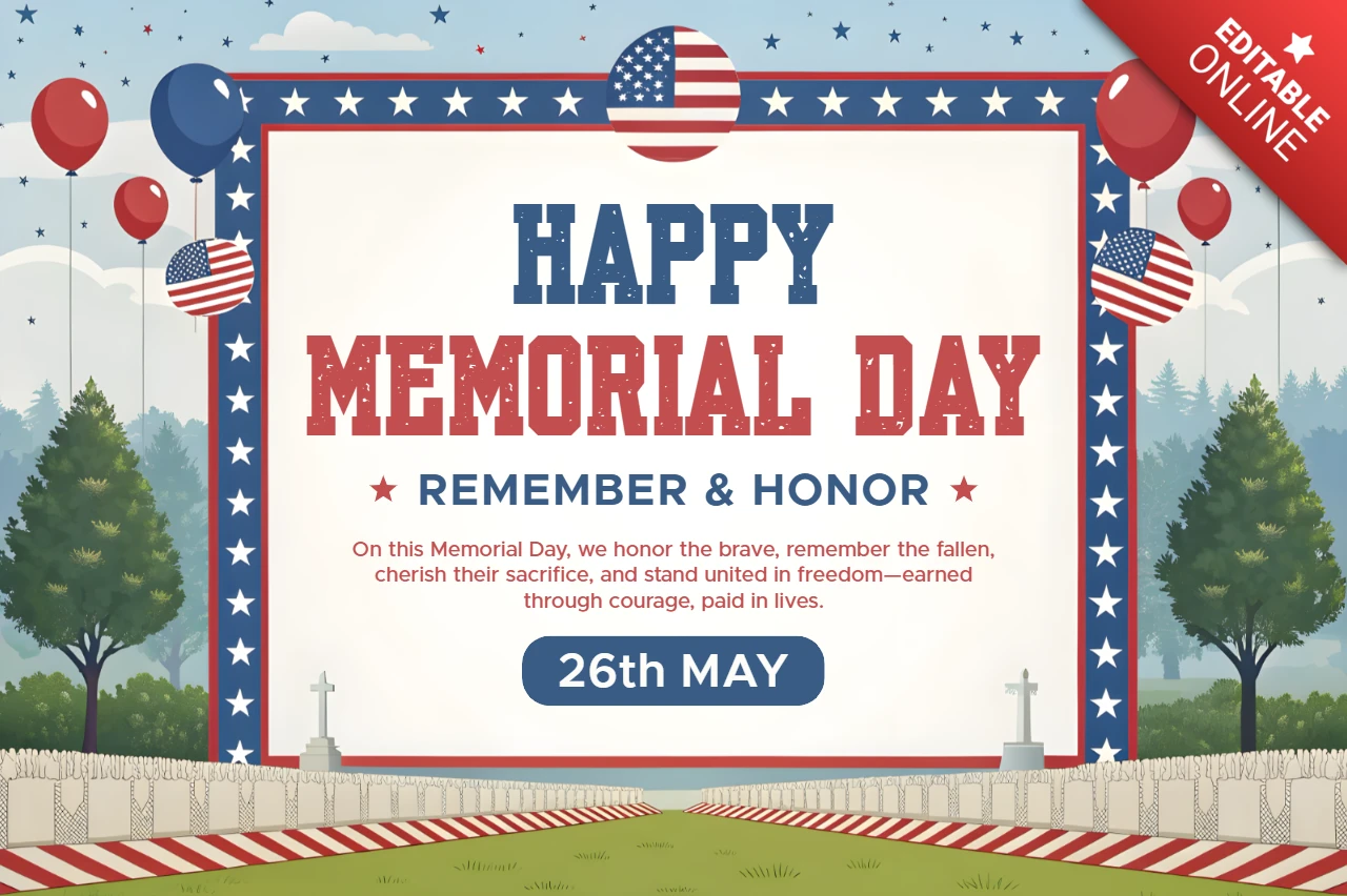 Template di celebrazione del giorno della memoria patriottica - design modificabile con palloncini e sfondo panoramico