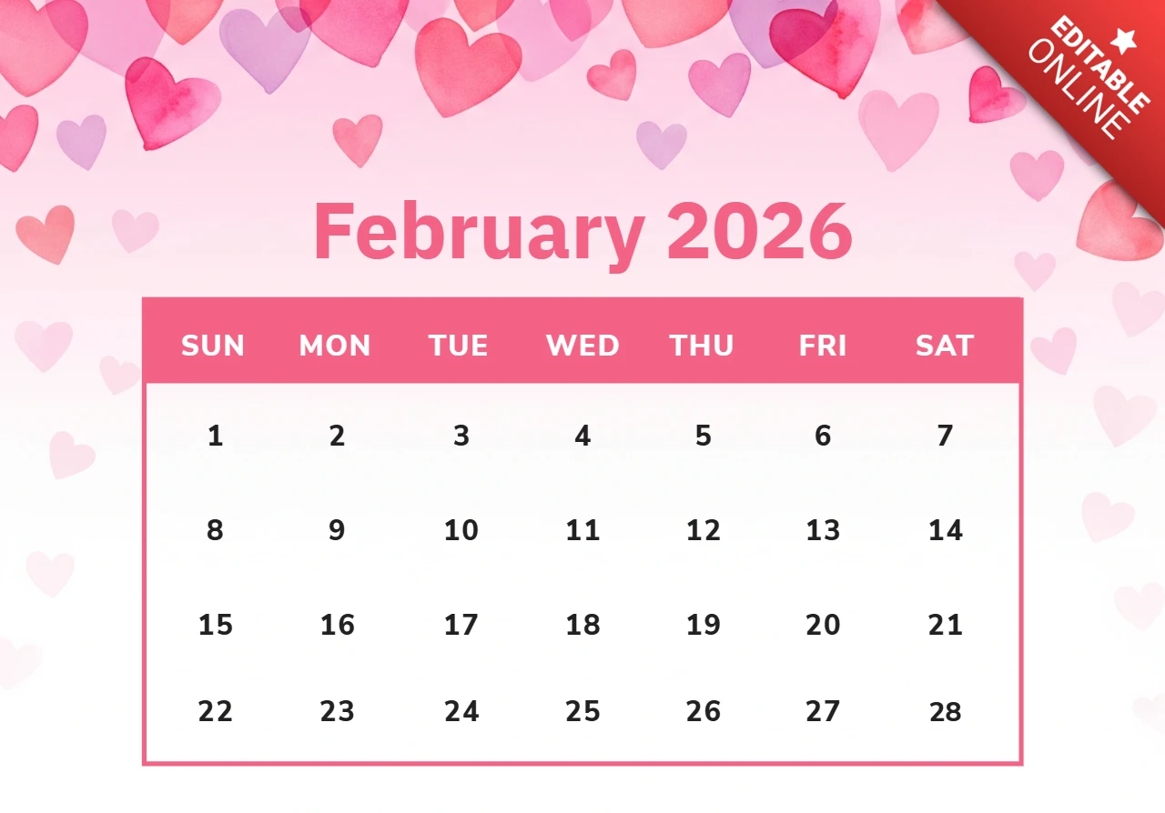 2026年2月のカレンダーポスター、グラデーションピンクの背景にハートのイラストとキラキラしたバレンタインの輝き