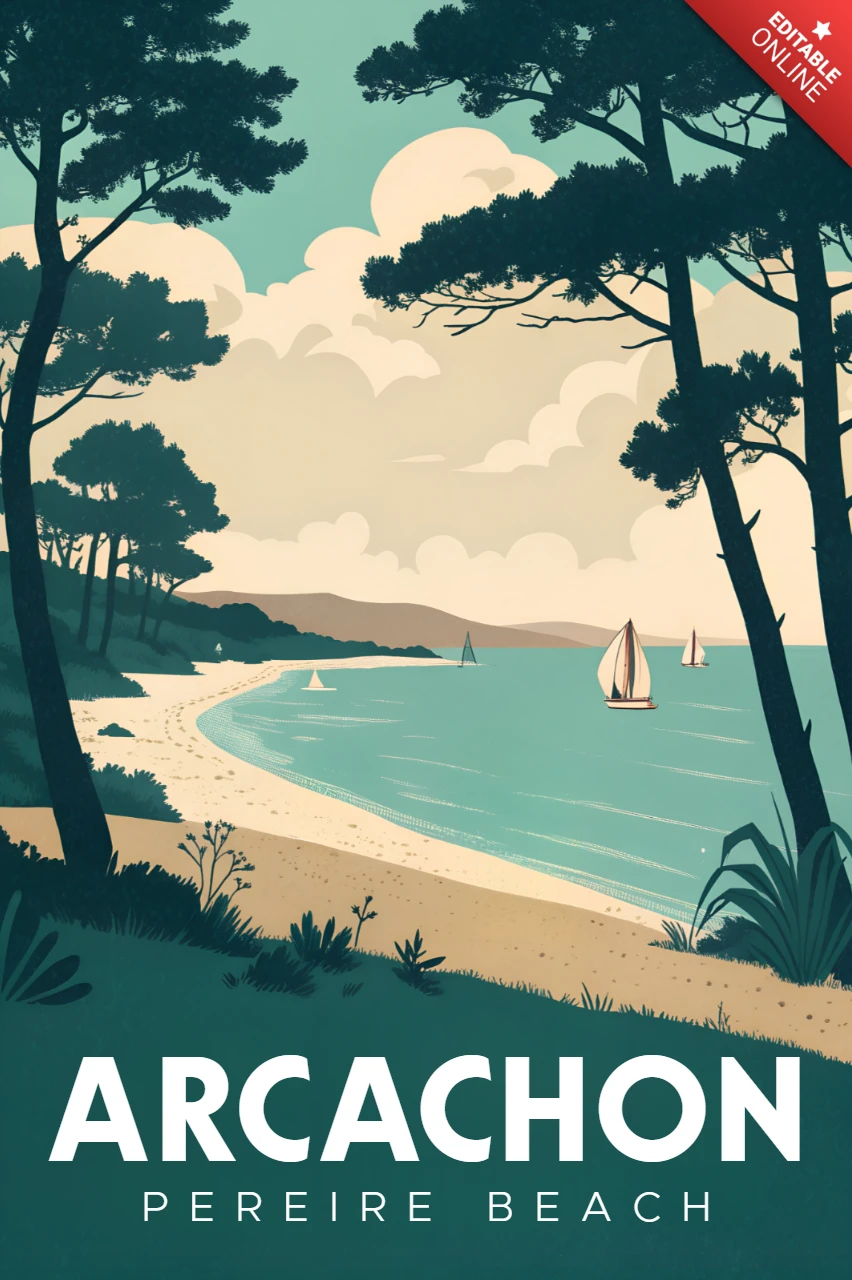 Retro flaches Arcachon Strandlandschaftsdesign für Poster und Postkarten