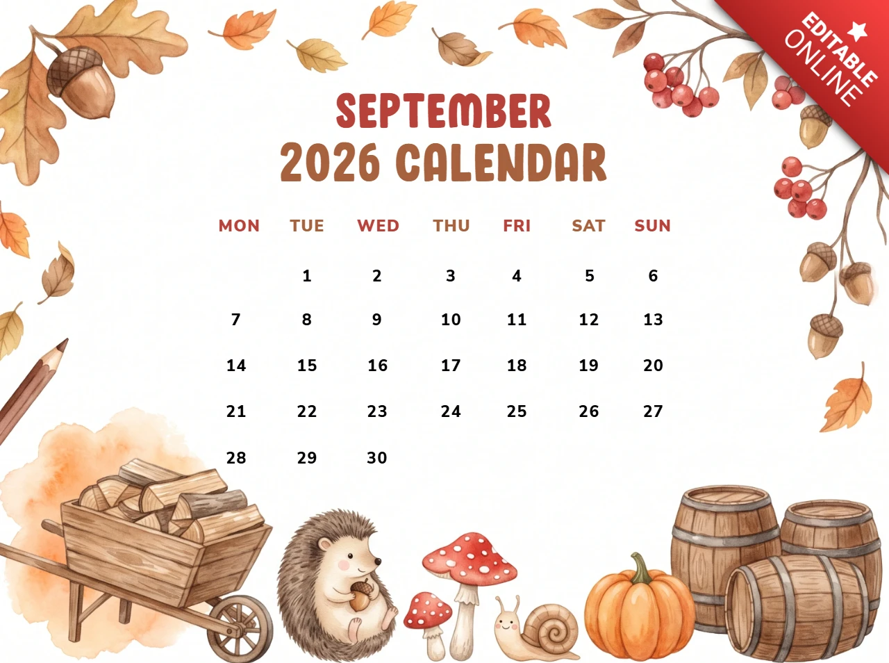 September 2026 calendar page with cute autumn decorations including a hedgehog pumpkin and colorful fall leaves in a watercolor style design