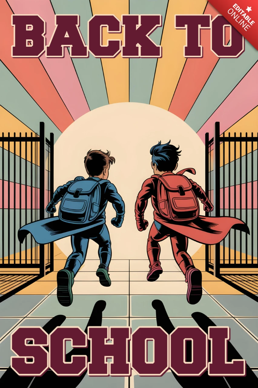 Back to School Students Running Through Gate Toward Sunrise with Comic Burst Poster Design Template