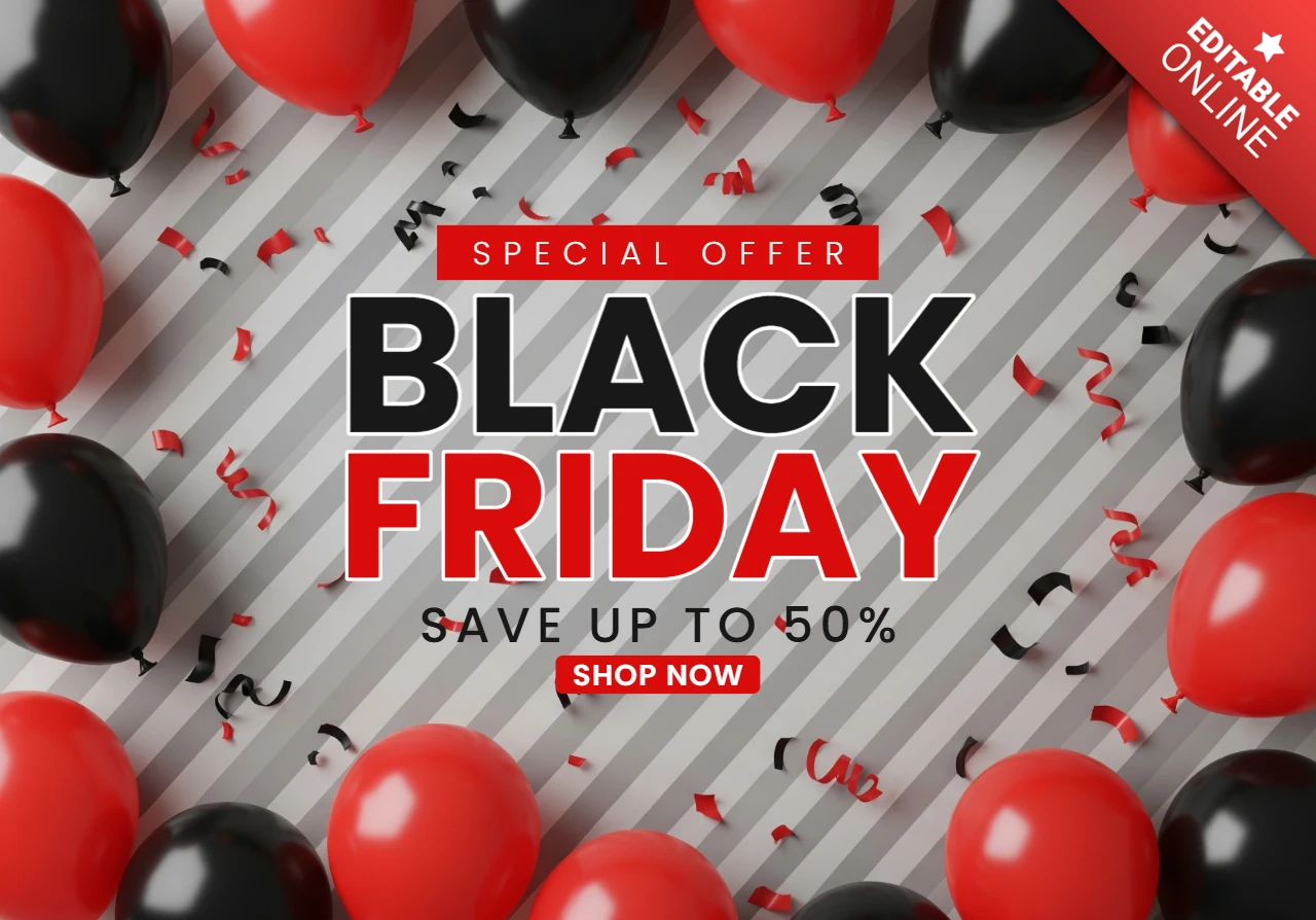 Affiche de Black Friday en gras avec un thème de ballons rouges et noirs, fond rayé et design de centre carré blanc pour des flyers promotionnels.