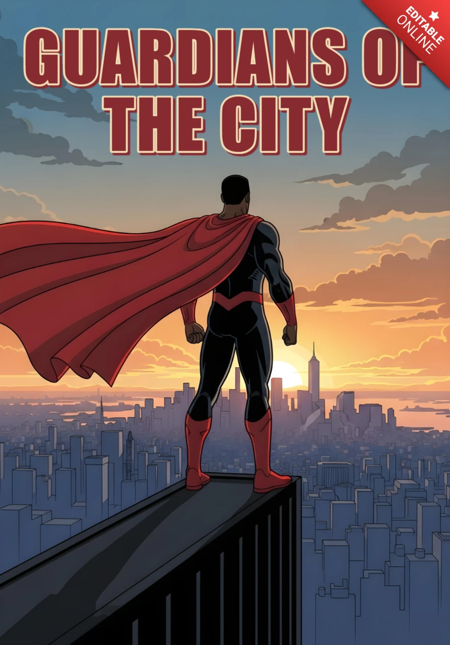 Guardians of the City Superhero on Rooftop at Sunset with Flowing Red Cape Poster Design Template