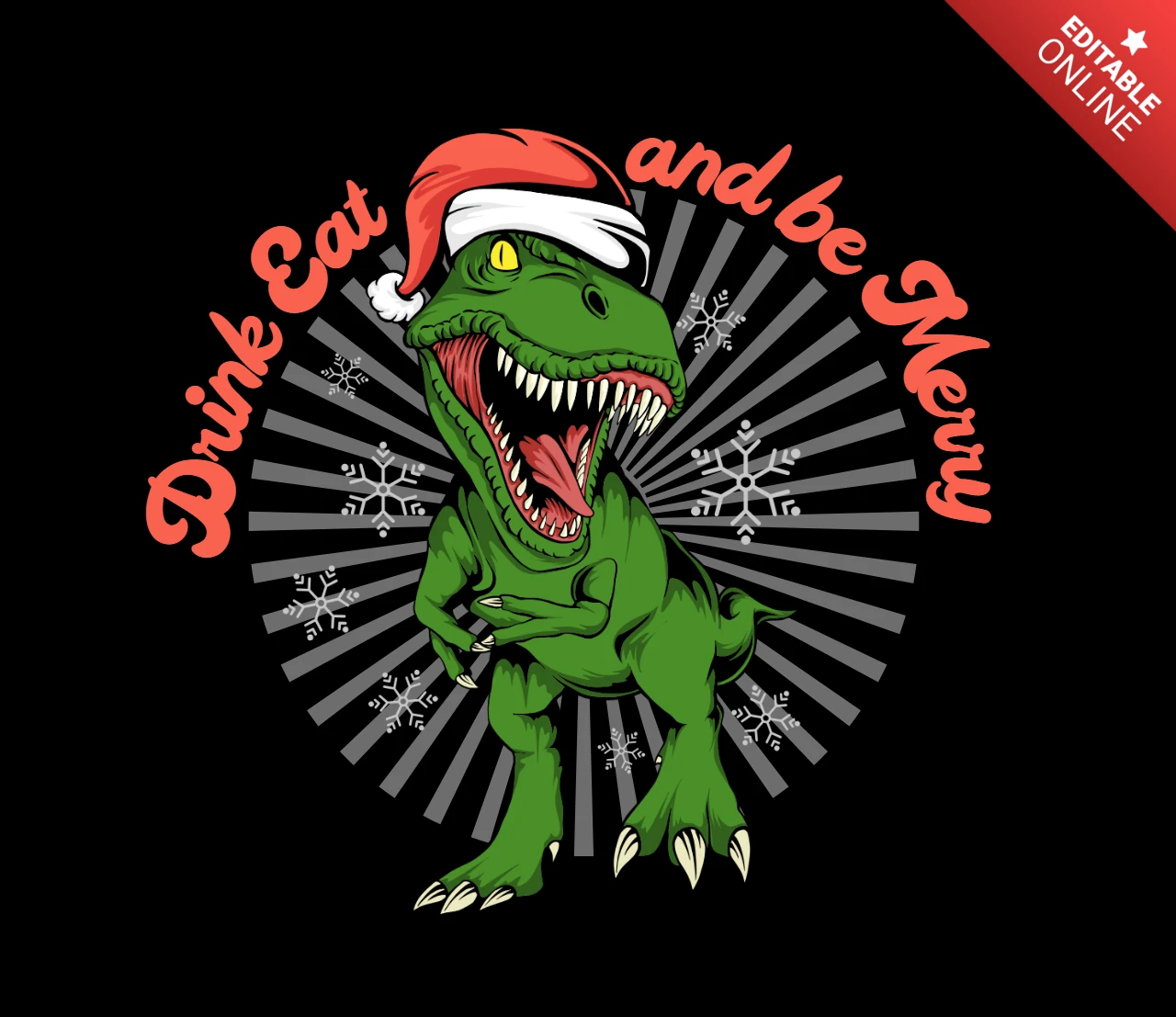Drink Eat and Be Merry Dino Roaring Holiday Humor in Festive Style T-Shirt Design Template